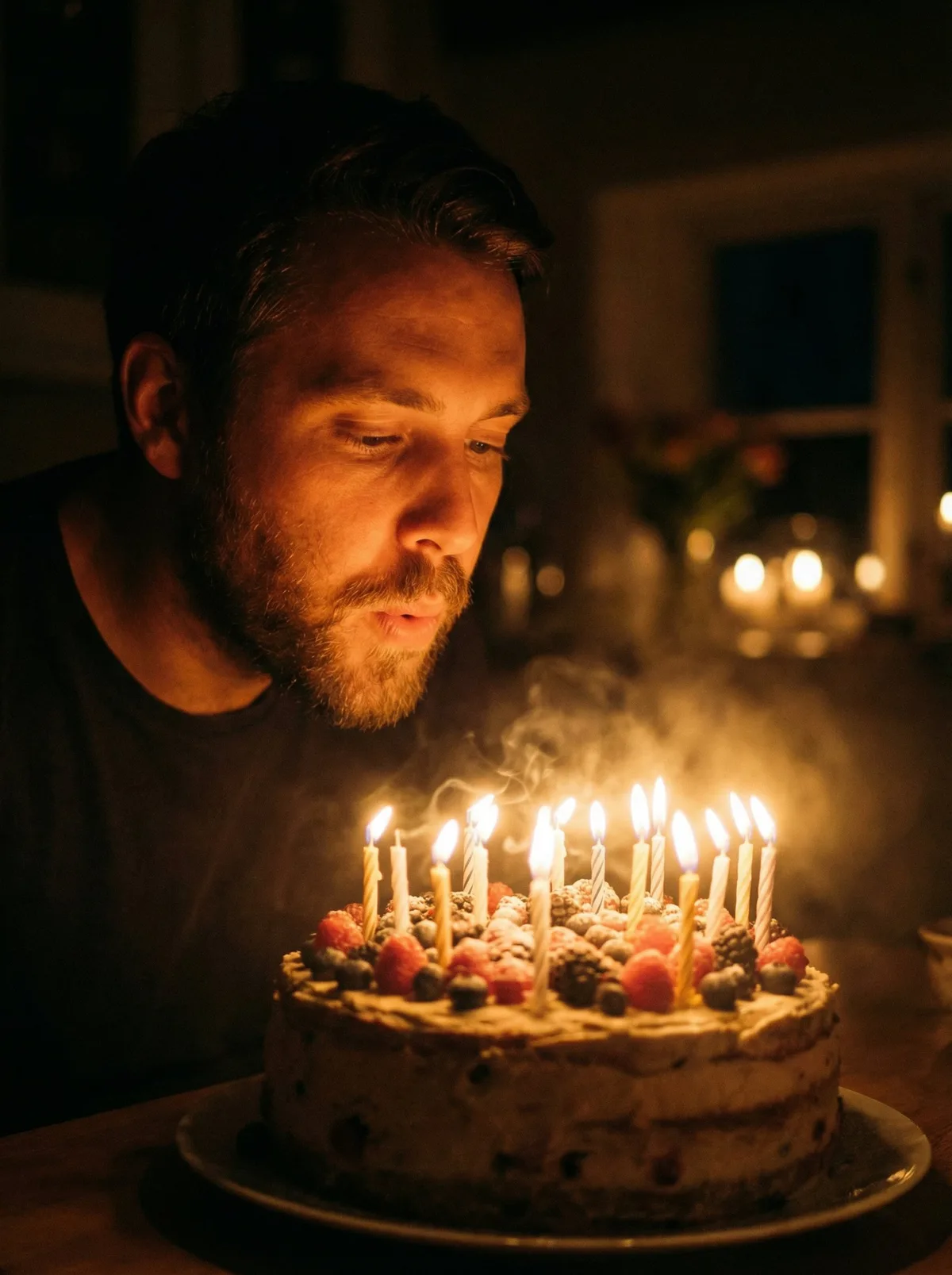 Человек задувает свечи на торте