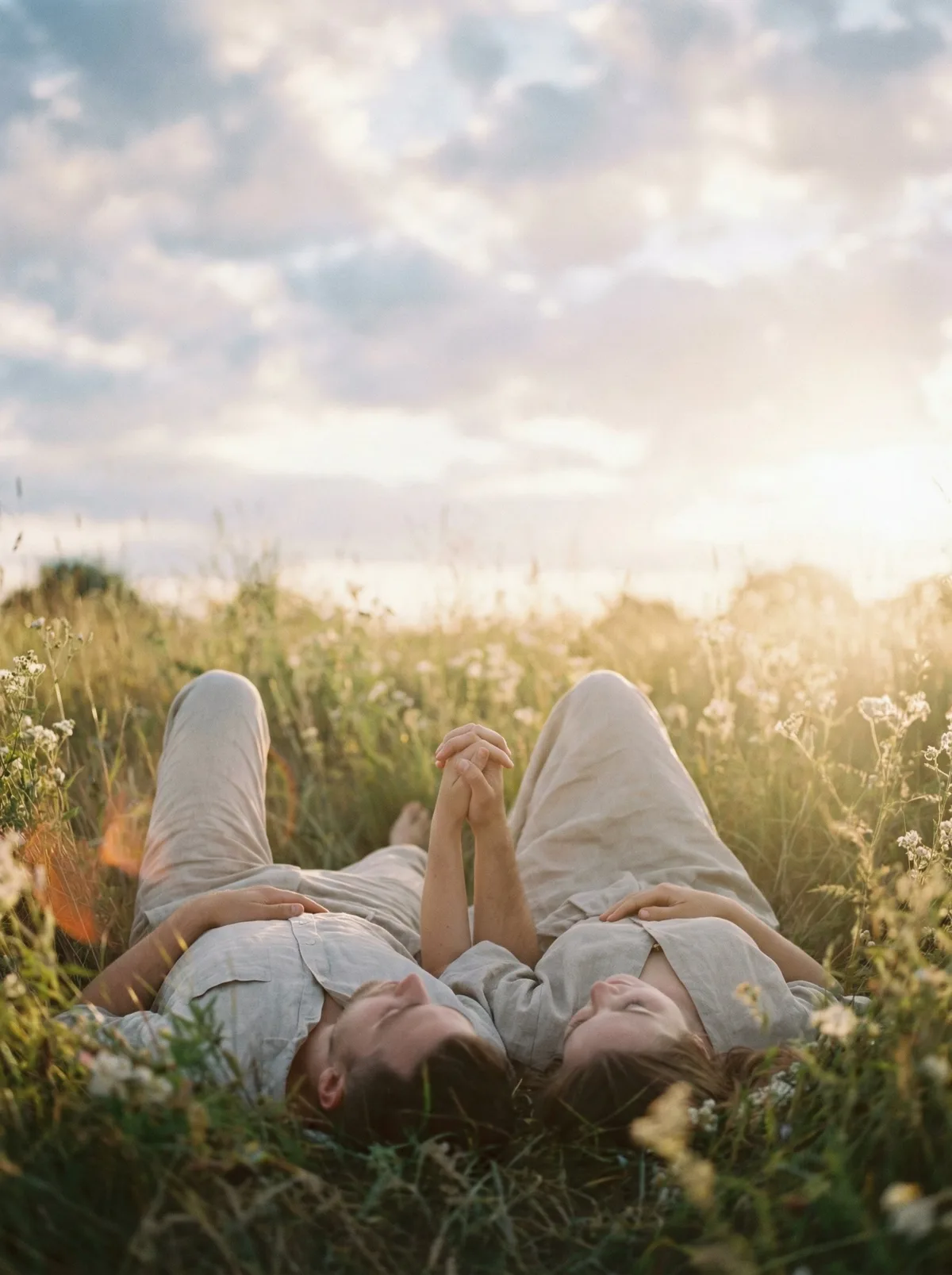 Пара лежит на траве