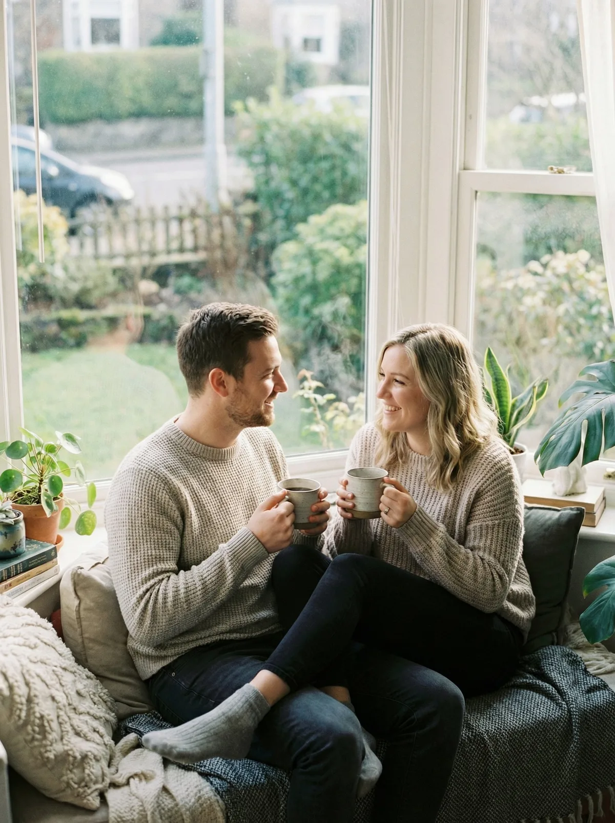 Пара с чашками кофе у окна