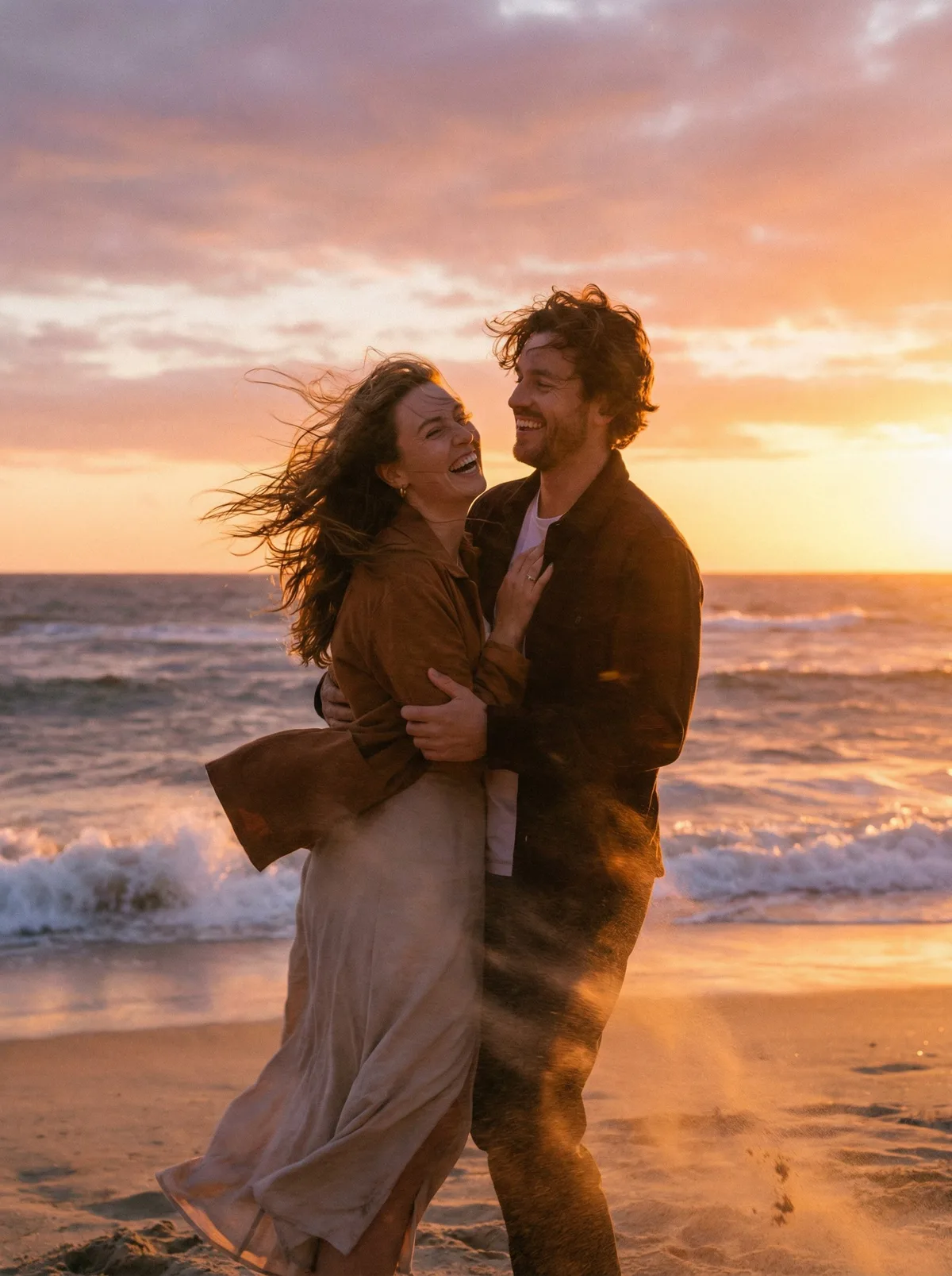 Пара на пляже во время заката