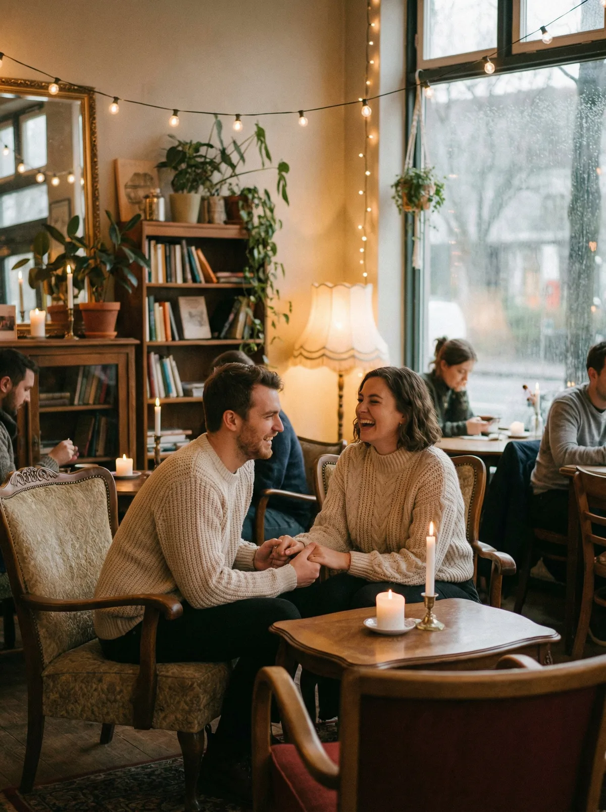 Пара сидит в уютном кафе
