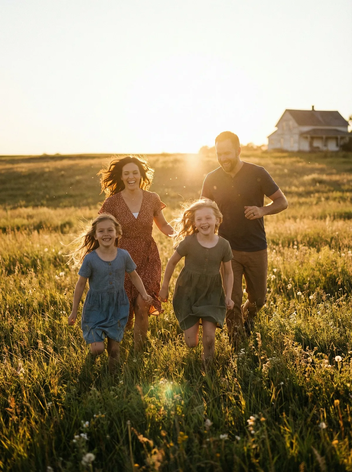 Родители и дети бегут по полю