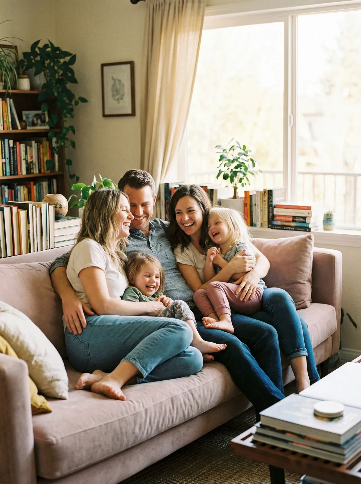 Семья сидит на диване дома