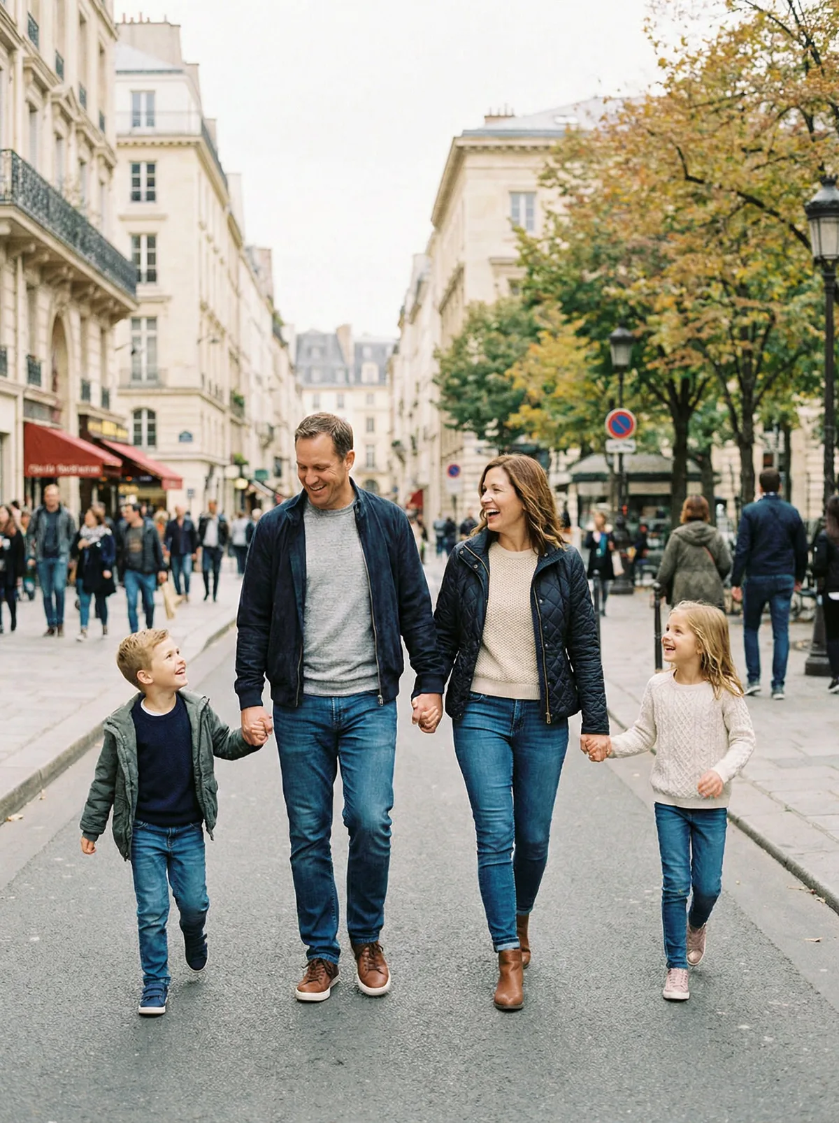 Семья гуляет по улице города