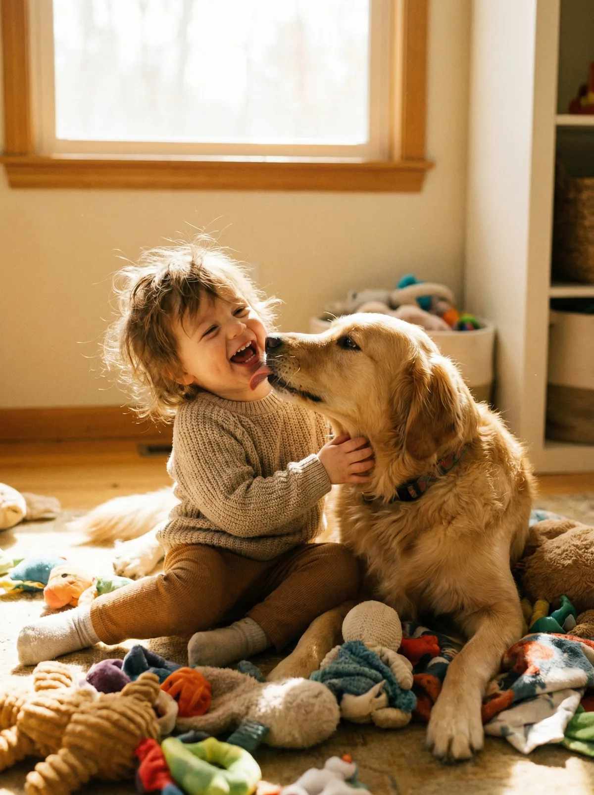 Ребенок играет с домашним питомцем